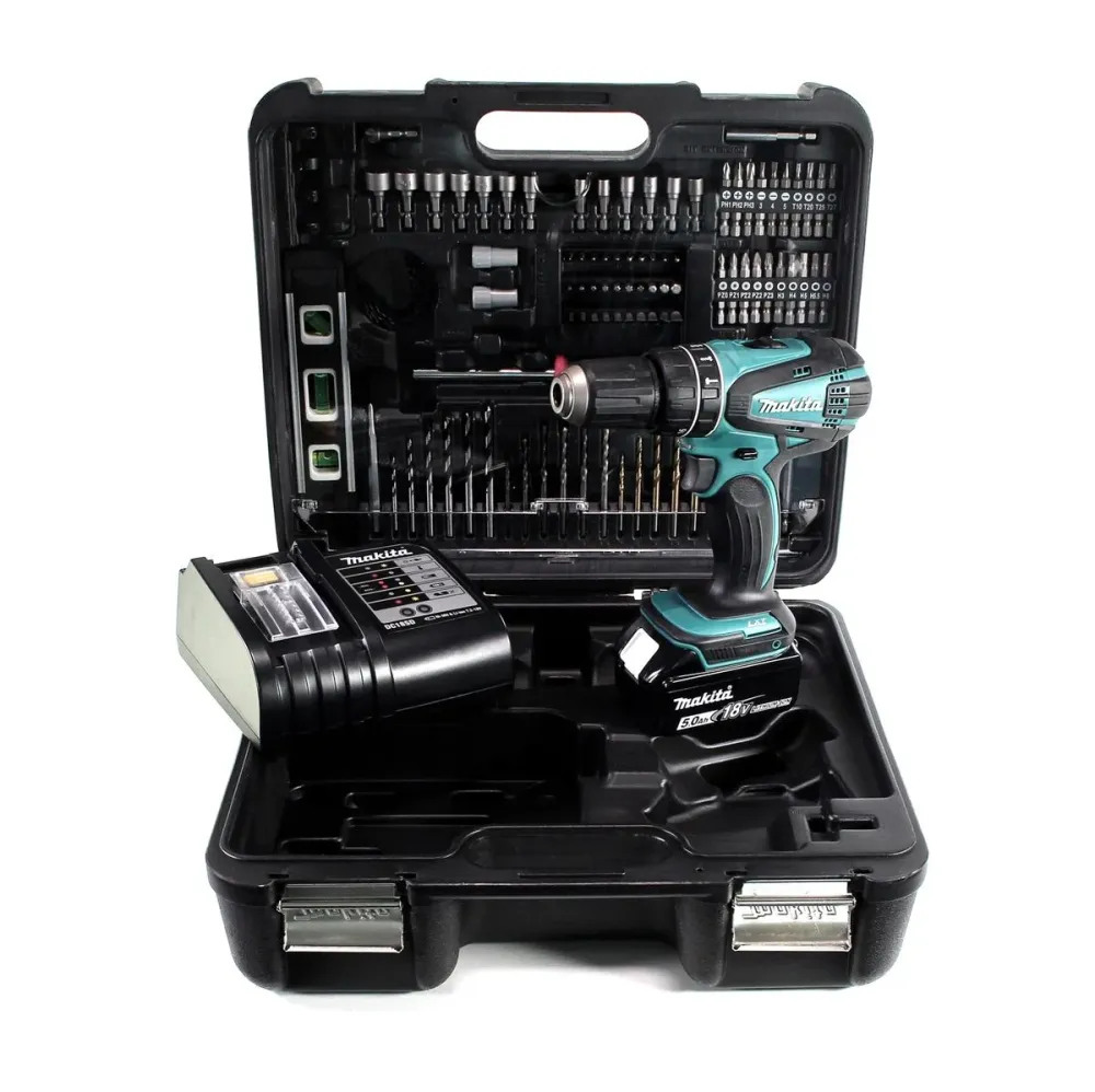 Taladro percutor inalámbrico Makita DHP 456 STTK 18 V 50 Nm + 1x baterí 5,0 Ah + cargador + set de accesorios 101 piezas +...