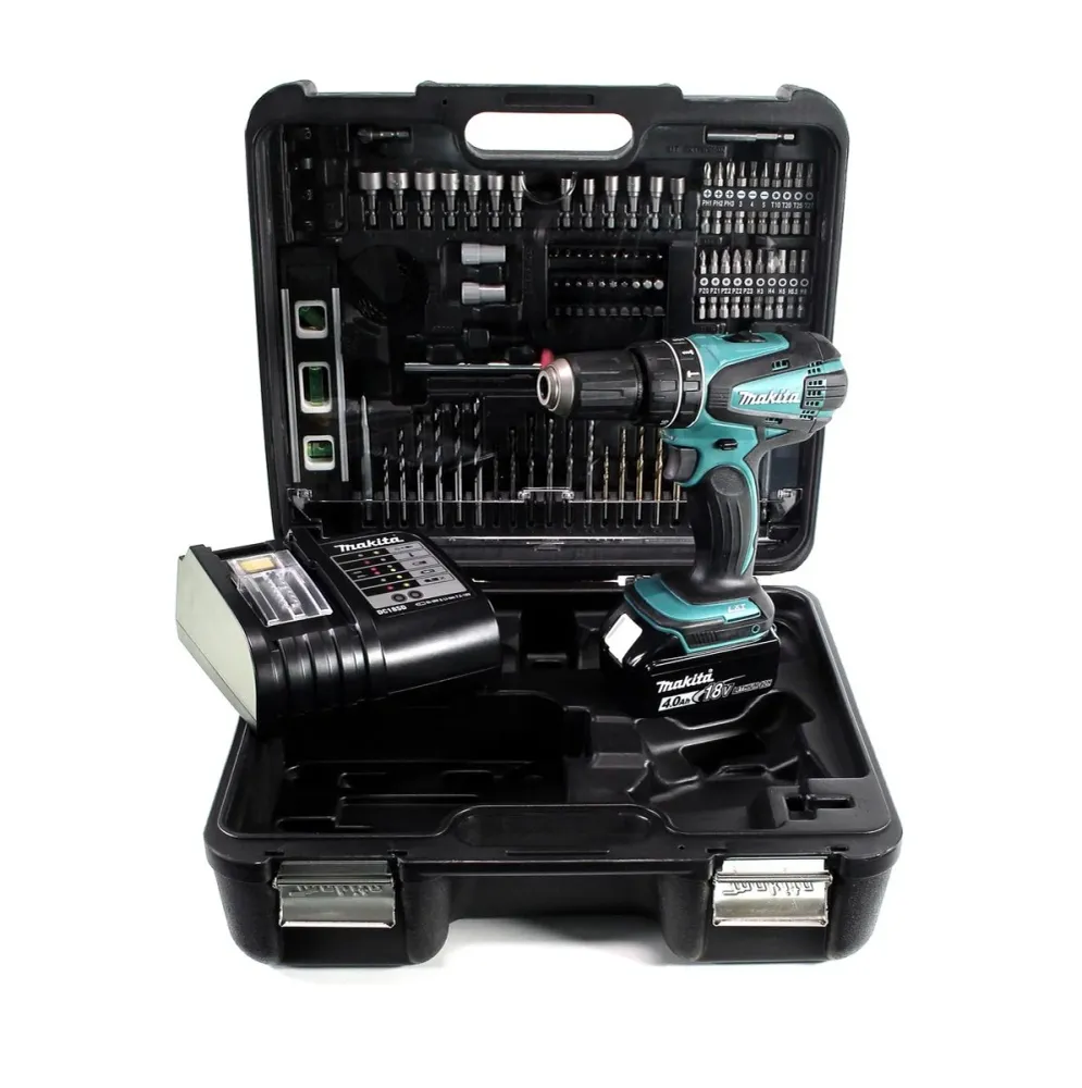 Taladro percutor inalámbrico Makita DHP 456 SMTK 18 V 50 Nm + 1x baterí 4,0 Ah + cargador + set de accesorios 101 piezas +...