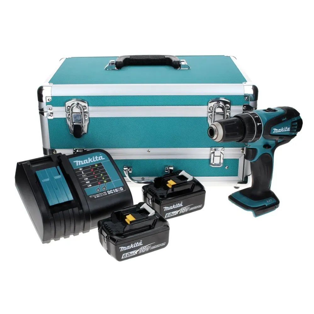 Taladro percutor inalámbrico Makita DHP 456 SGTX 18 V 50 Nm + 2x baterías 6,0 Ah + cargador + juego de brocas de 70 piezas...