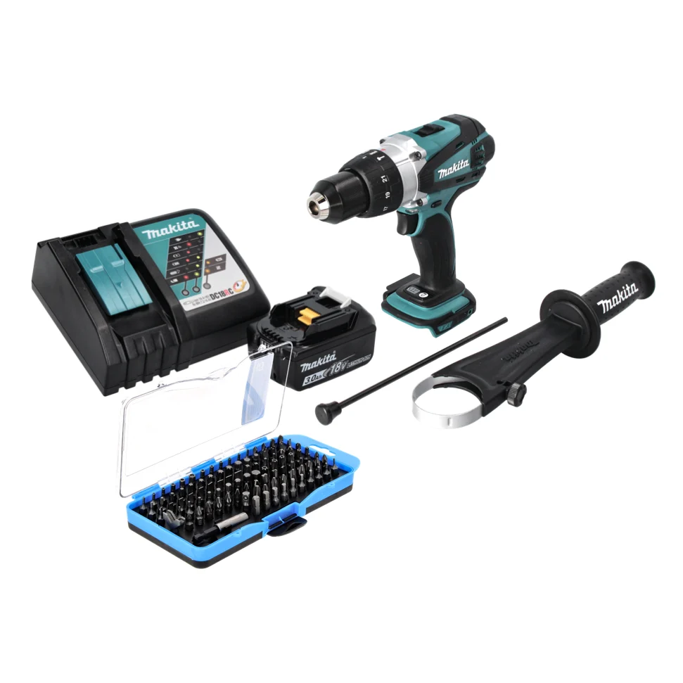 Taladro percutor inalámbrico Makita DHP 458 RF1 18 V 91 Nm + 1x baterí 3,0 Ah + cargador + juego de puntas 100 piezas