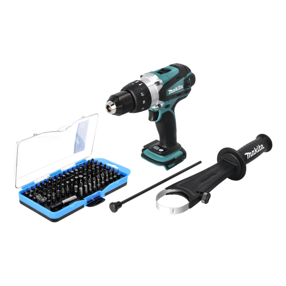 Taladro percutor inalámbrico Makita DHP 458 Z 18 V 91 Nm + juego de puntas 100 piezas - sin baterí, sin cargador