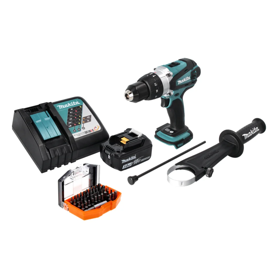 Taladro percutor inalámbrico Makita DHP 458 RF1 18 V 91 Nm + 1x baterí 3,0 Ah + cargador + juego de puntas 44 piezas