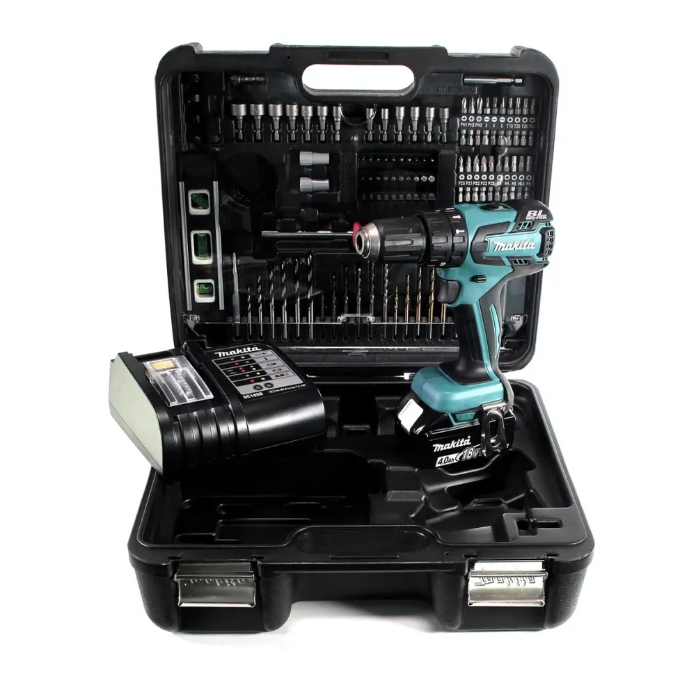 Taladro percutor inalámbrico Makita DHP 459 SMTK 18 V 45 Nm sin escobillas + 1x baterí 4,0 Ah + cargador + set de accesori...