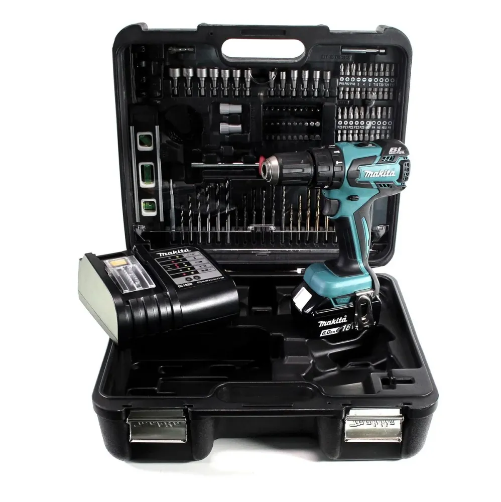 Taladro percutor inalámbrico Makita DHP 459 SGTK 18 V 45 Nm sin escobillas + 1x baterí 6,0 Ah + cargador + set de accesori...