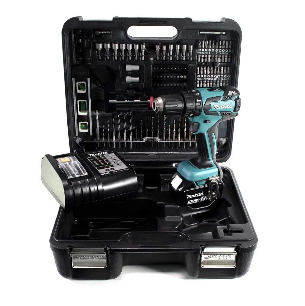 Taladro percutor inalámbrico Makita DHP 459 SFTK 18 V 45 Nm sin escobillas + 1x baterí 3,0 Ah + cargador + set de accesori...