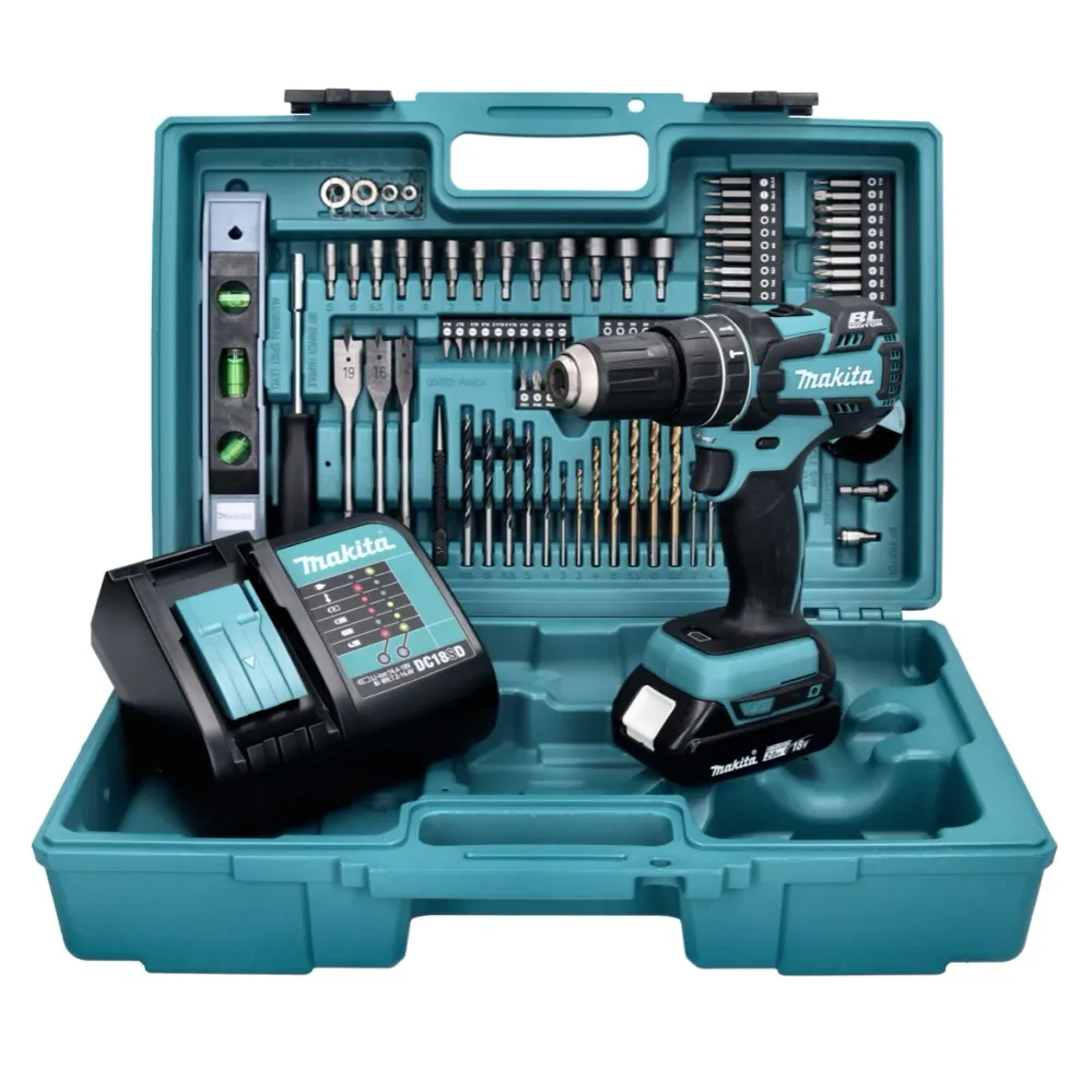 Taladro percutor inalámbrico Makita DHP 480 SAX5 18 V 54 Nm + 1x baterí 2,0 Ah + cargador + set de accesorios 101 piezas +...