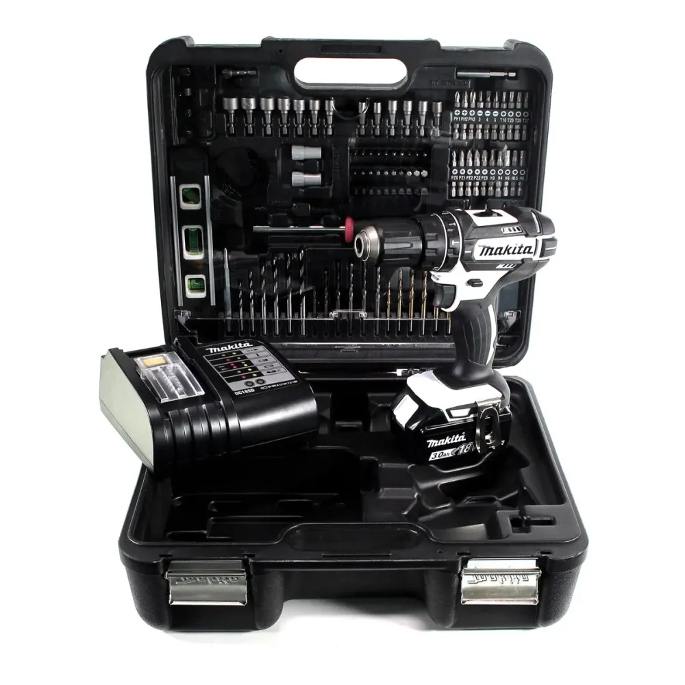 Taladro percutor inalámbrico Makita DHP 482 SFTKW 18 V 62 Nm + 1x baterí 3,0 Ah + cargador + set de accesorios 101 piezas...