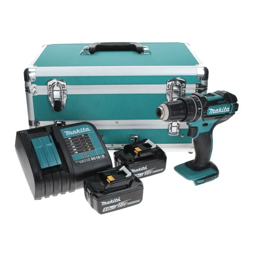 Taladro percutor inalámbrico Makita DHP 482 STTX 18 V 62 Nm + 2x baterías 5,0 Ah + cargador + juego de brocas de 70 piezas...