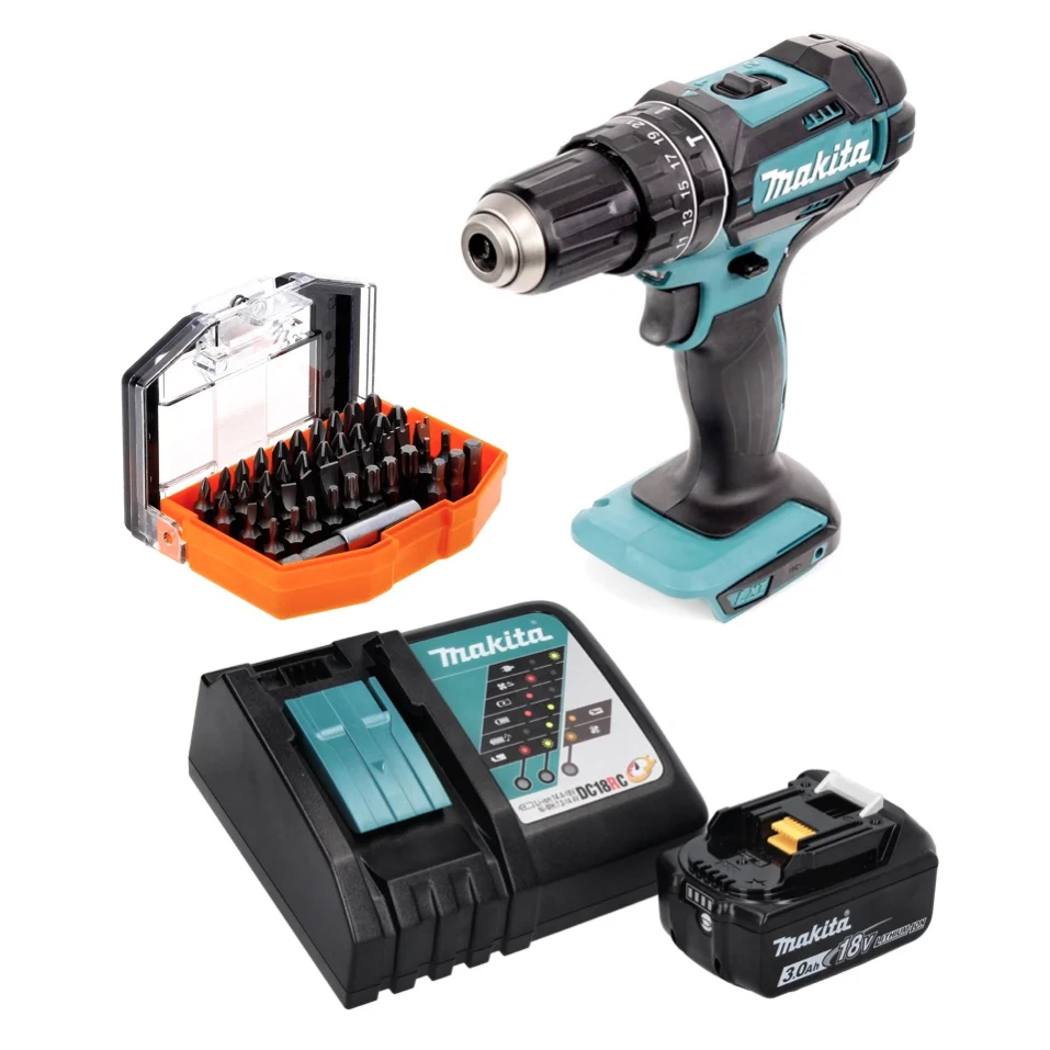 Taladro percutor inalámbrico Makita DHP 482 RF1 18 V 62 Nm + 1x baterí 3,0 Ah + cargador + juego de puntas 44 piezas