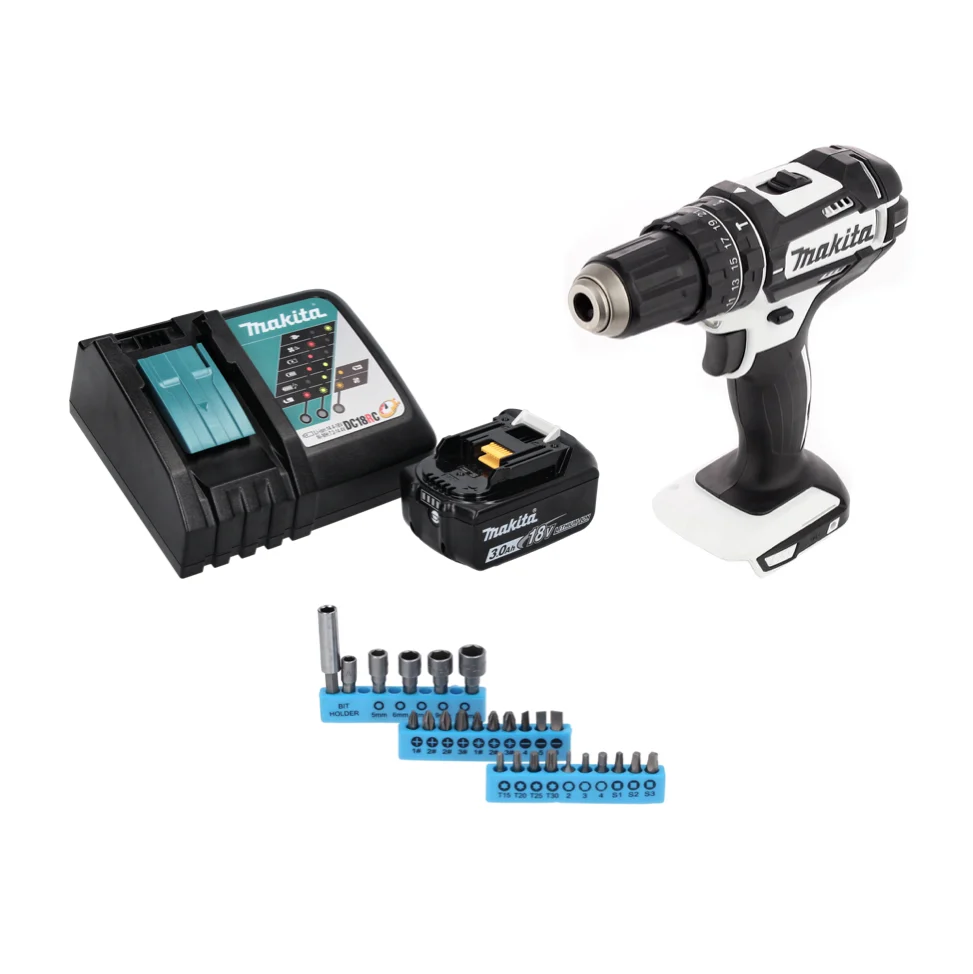 Taladro percutor inalámbrico Makita DHP 482 RF1W 18 V 62 Nm + 1x baterí 3,0 Ah + cargador + juego de puntas 26 piezas