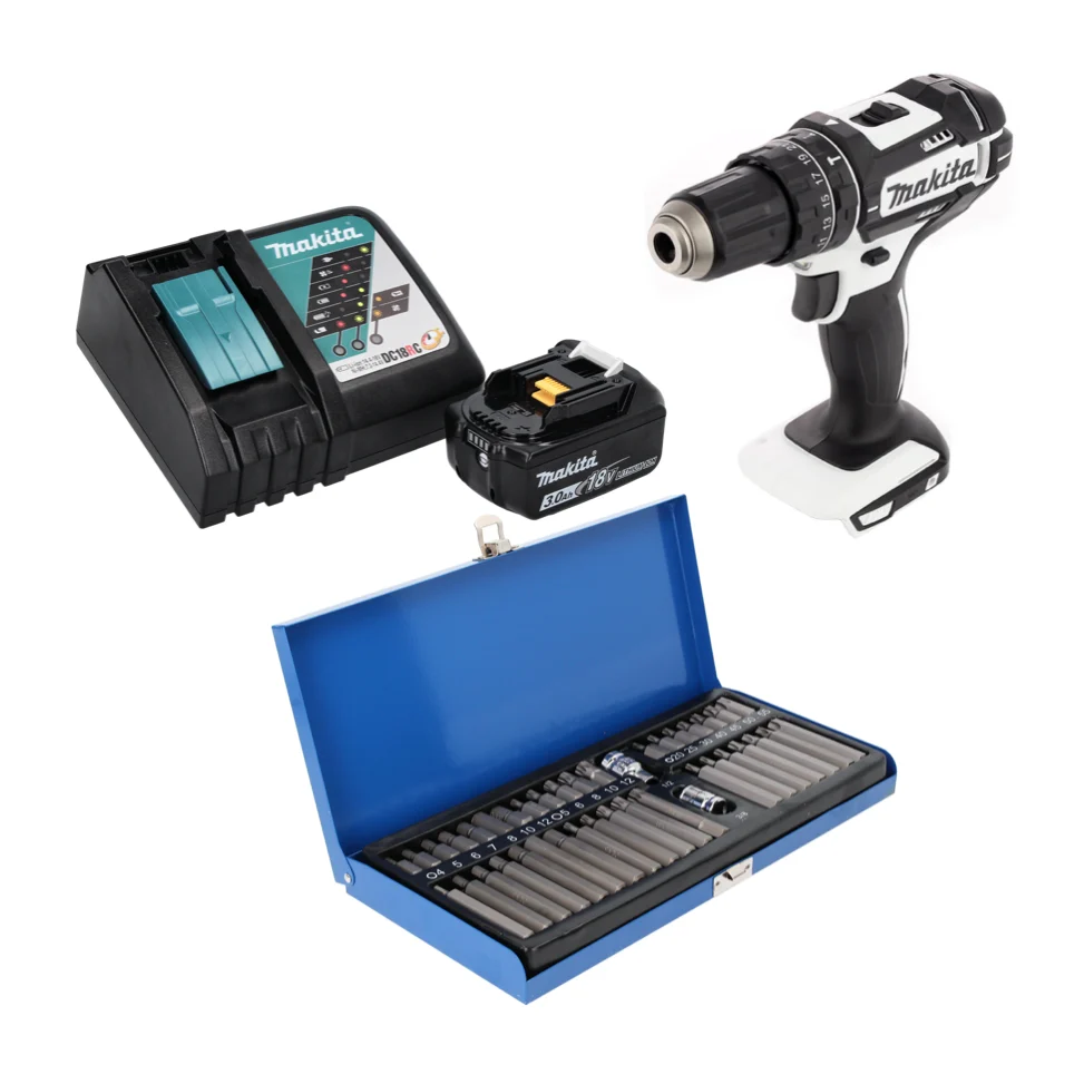 Taladro percutor inalámbrico Makita DHP 482 RF1W 18 V 62 Nm + 1x baterí 3,0 Ah + cargador + juego de puntas 40 piezas