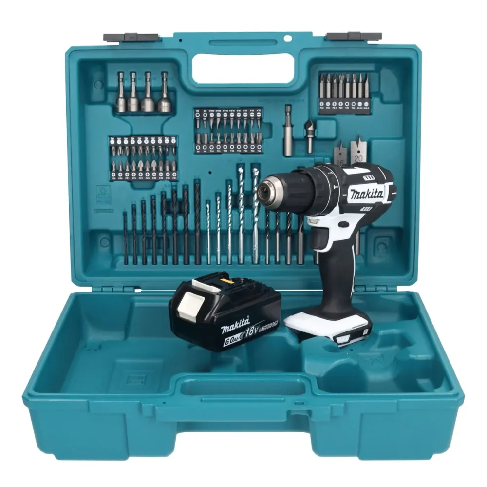 Taladro percutor inalámbrico Makita DHP 482 G1X1W 18 V 62 Nm + 1x baterí 6,0 Ah + set de accesorios 74 piezas + maletín -...