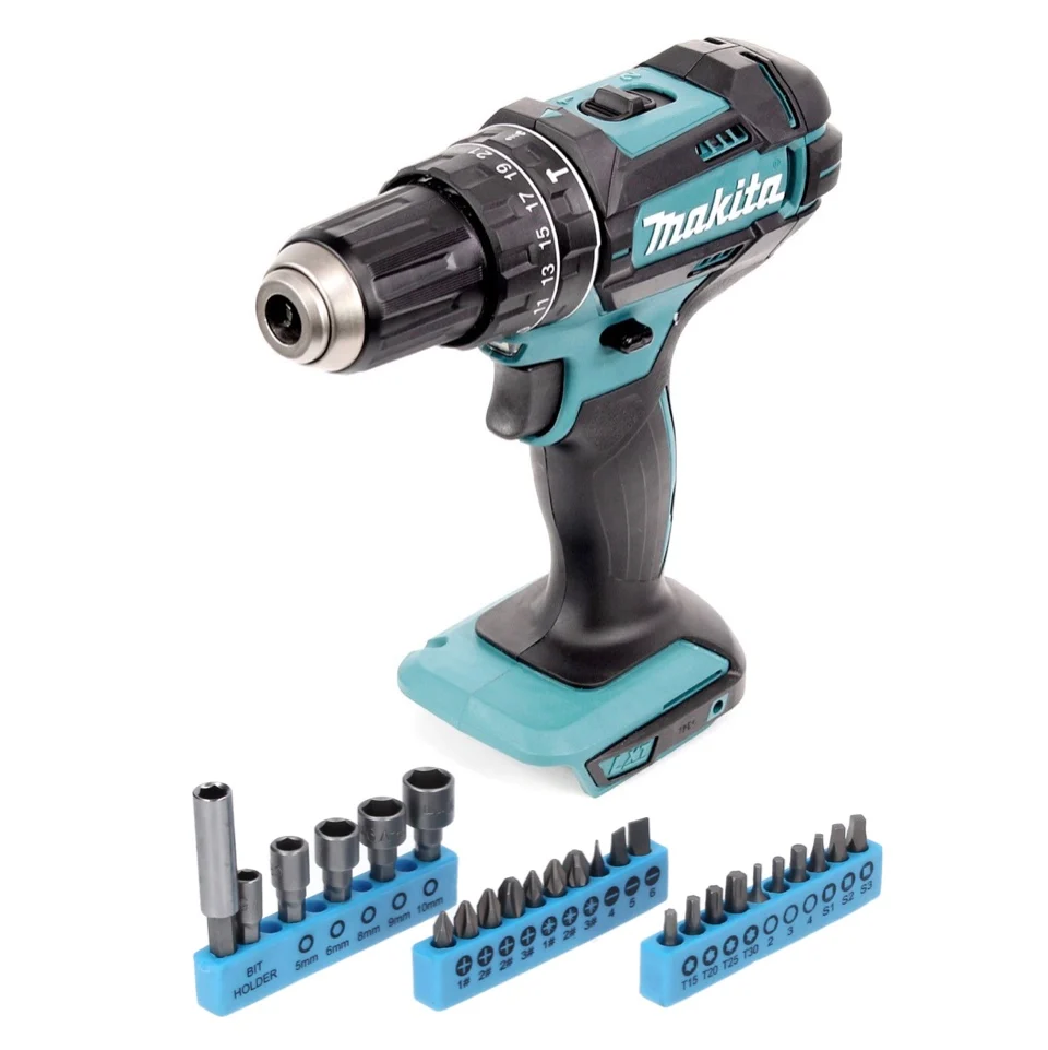 Taladro percutor inalámbrico Makita DHP 482 Z 18 V 62 Nm + juego de llaves de vaso de 26 piezas - sin baterí, sin cargador