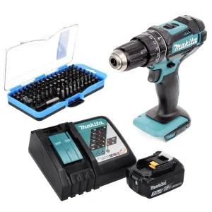 Taladro percutor inalámbrico Makita DHP 482 RF1 18 V 62 Nm + 1x baterí 3,0 Ah + cargador + juego de puntas 100 piezas
