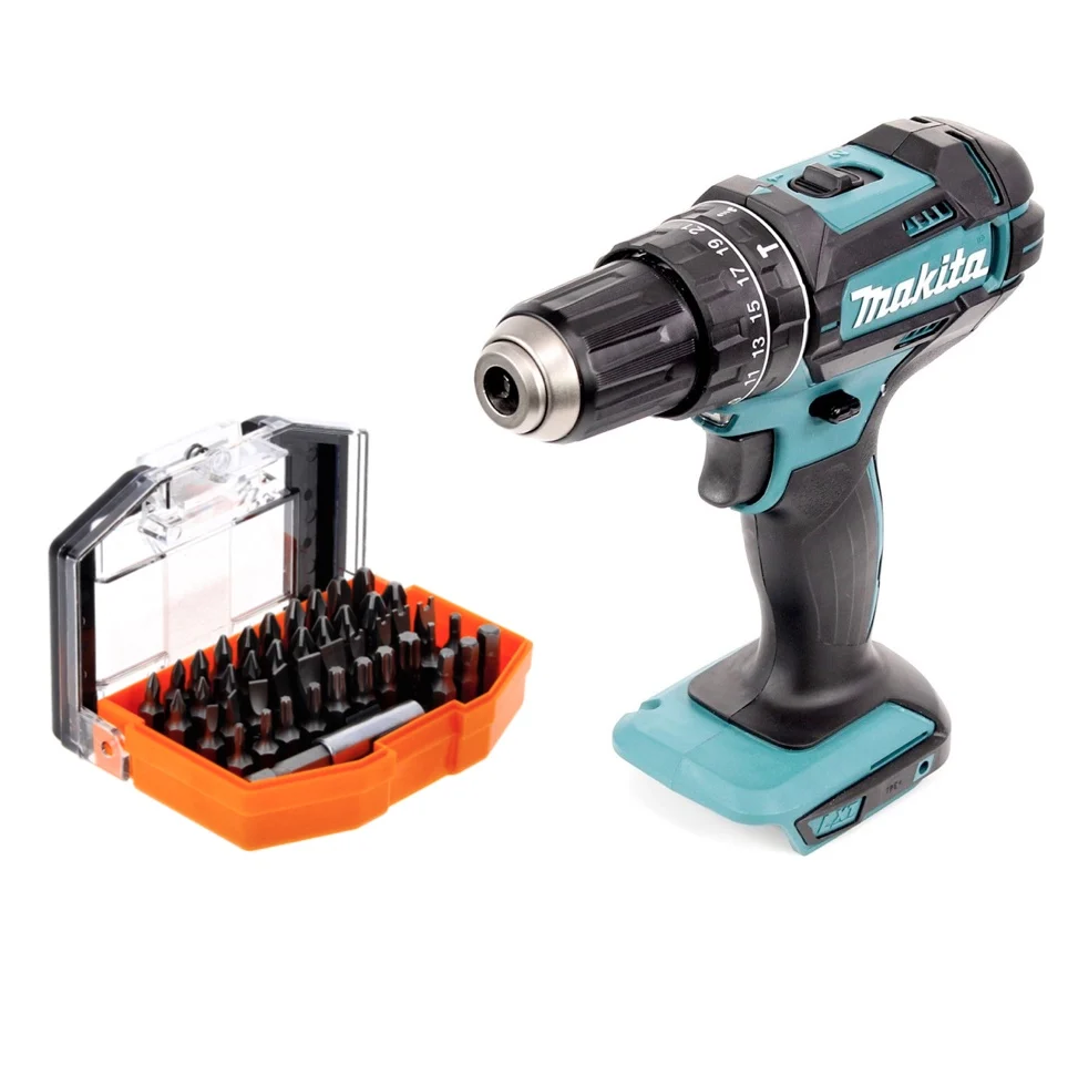 Taladro percutor inalámbrico Makita DHP 482 Z 18 V 62 Nm + juego de puntas 44 piezas - sin baterí, sin cargador