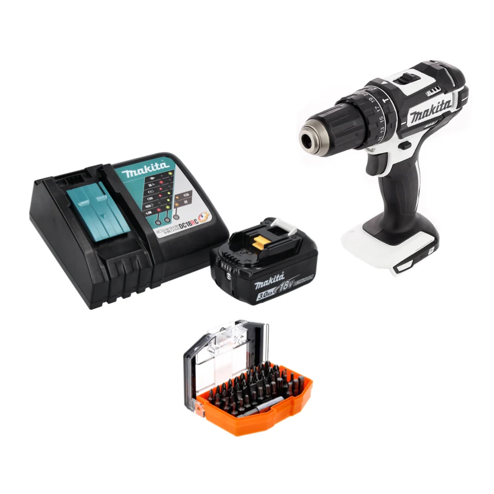 Taladro percutor inalámbrico Makita DHP 482 RF1W 18 V 62 Nm + 1x baterí 3,0 Ah + cargador + juego de puntas 44 piezas