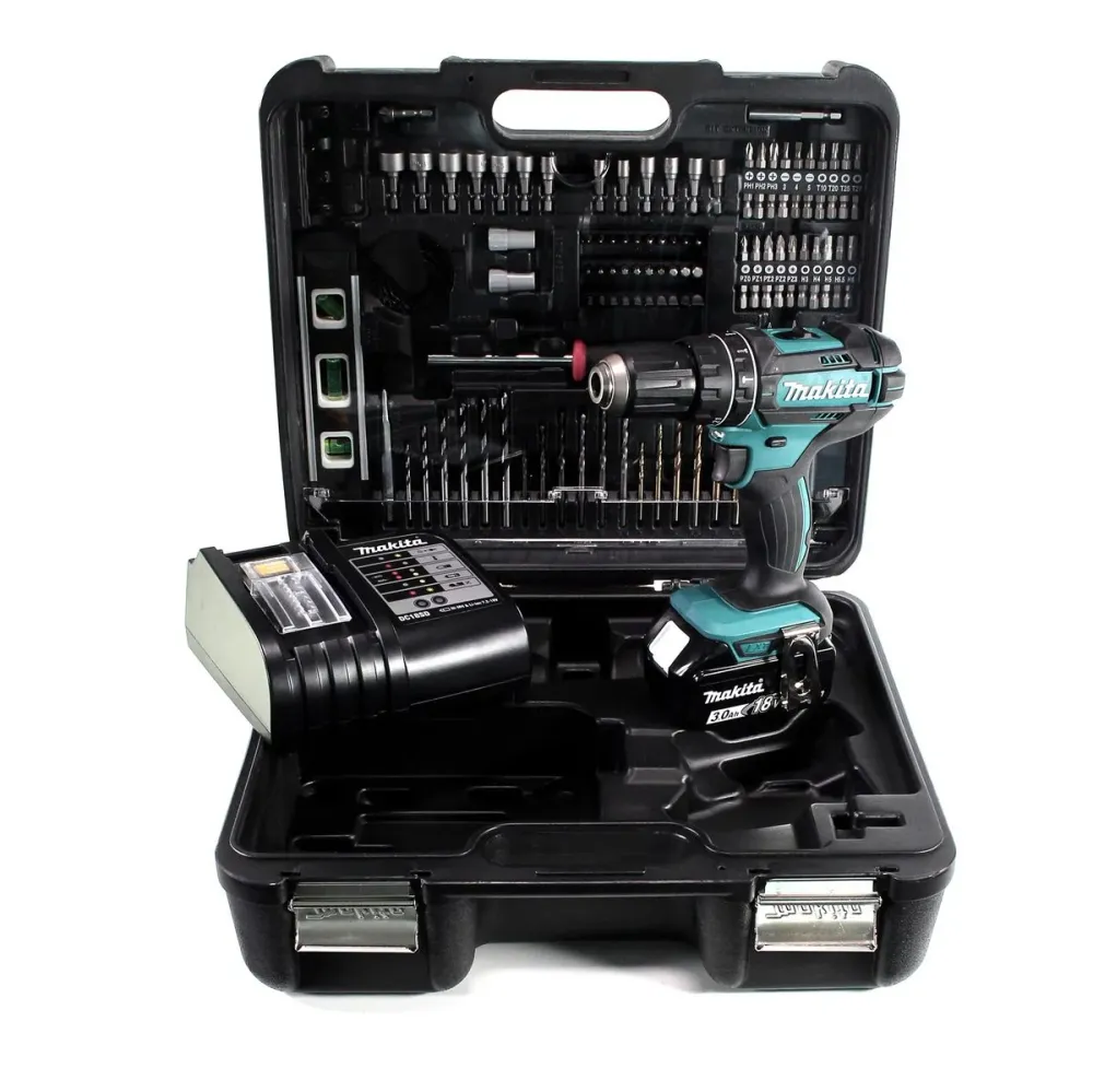 Taladro percutor inalámbrico Makita DHP 482 SFTK 18 V 62 Nm + 1x baterí 3,0 Ah + cargador + set de accesorios 101 piezas +...
