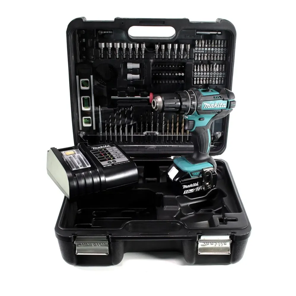 Taladro percutor inalámbrico Makita DHP 482 STTK 18 V 62 Nm + 1x baterí 5,0 Ah + cargador + set de accesorios 101 piezas +...