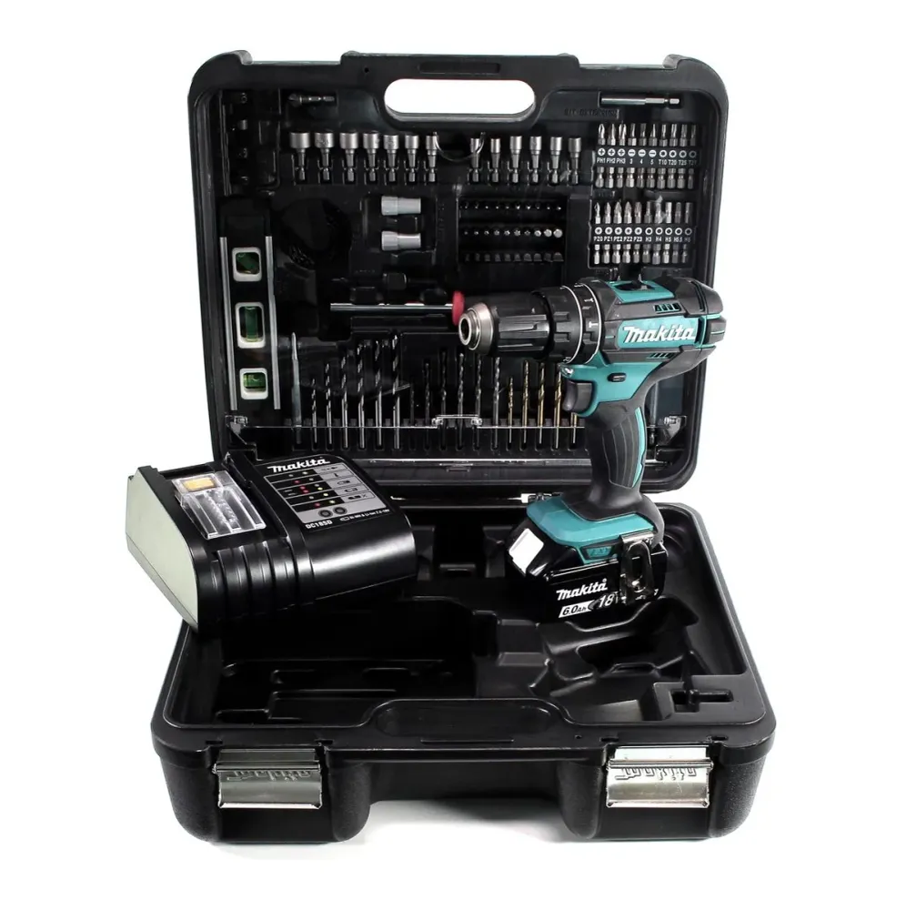 Taladro percutor inalámbrico Makita DHP 482 SGTK 18 V 62 Nm + 1x baterí 6,0 Ah + cargador + set de accesorios 101 piezas +...