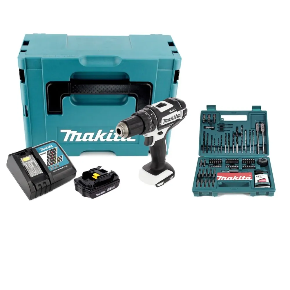 Taladro percutor inalámbrico Makita DHP 482 RF1J W 18 V 62 Nm en Makpac + baterí 3.0A h + cargador rápido + juego de broca...