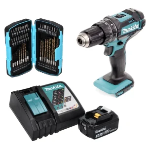 Taladro percutor inalámbrico Makita DHP 482 RF1 18 V 62 Nm + 1x baterí 3,0 Ah + cargador + juego de brocas de 40 piezas