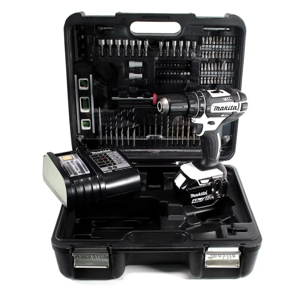 Taladro percutor inalámbrico Makita DHP 482 SMTKW 18 V 62 Nm + 1x baterí 4,0 Ah + cargador + set de accesorios 101 piezas...