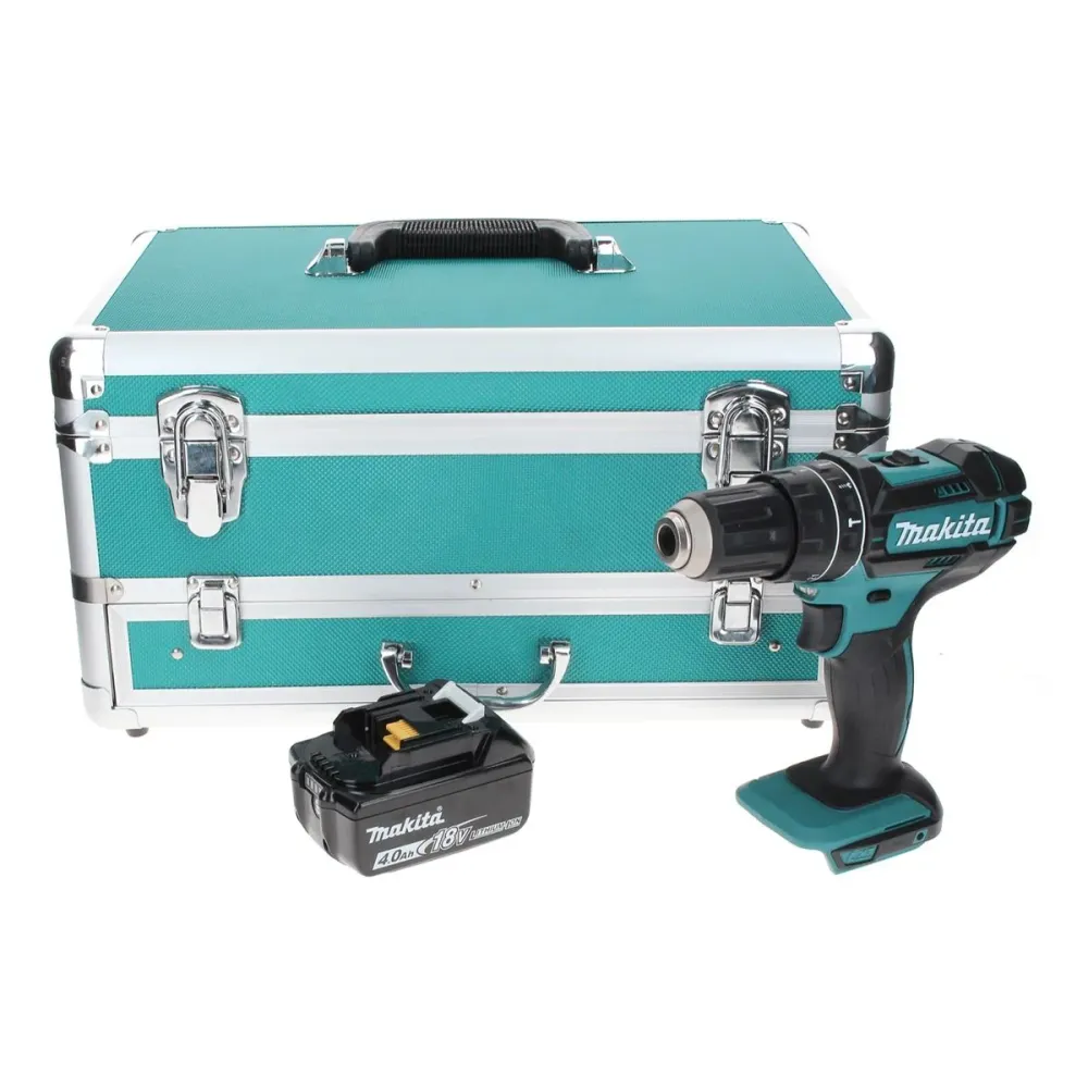 Taladro percutor inalámbrico Makita DHP 482 M1TX 18 V 62 Nm + 1x baterí 4,0 Ah + juego de brocas de 70 piezas + maletín de...