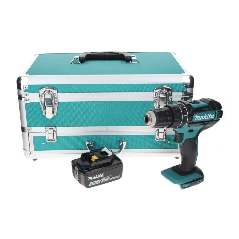 Taladro percutor inalámbrico Makita DHP 482 T1TX 18 V 62 Nm + 1x baterí 5,0 Ah + juego de brocas de 70 piezas + maletín de...