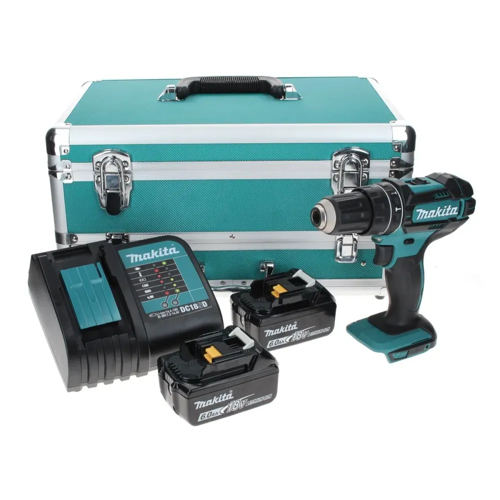 Taladro percutor inalámbrico Makita DHP 482 SGTX 18 V 62 Nm + 2x baterías 6,0 Ah + cargador + juego de brocas de 70 piezas...