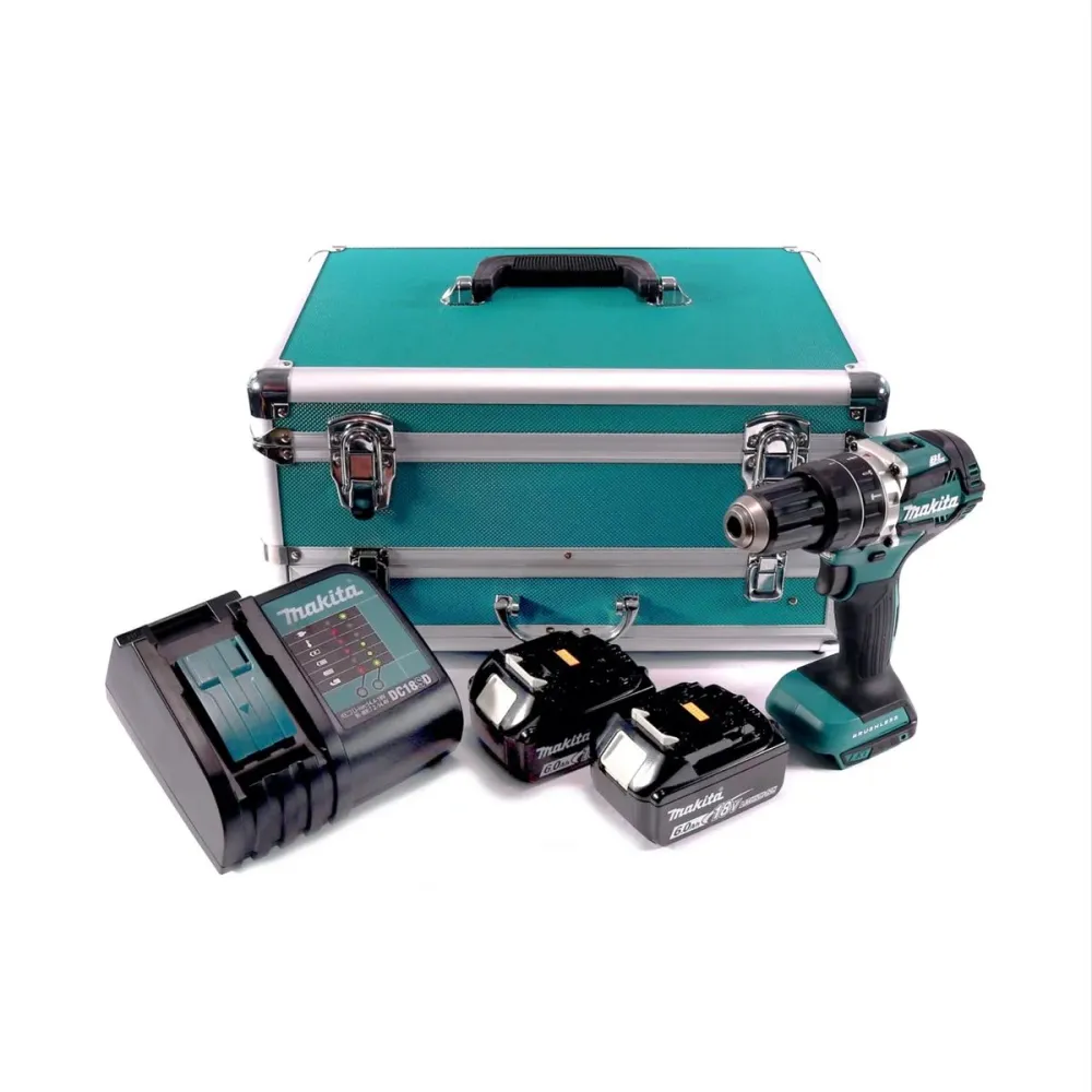 Taladro percutor inalámbrico Makita DHP 484 SGTX 18 V 54 Nm sin escobillas + 2x baterías 6,0 Ah + cargador + juego de broc...