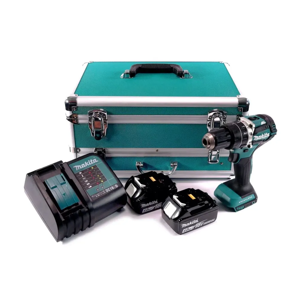 Taladro percutor inalámbrico Makita DHP 484 SMTX 18 V 54 Nm sin escobillas + 2x baterías 4,0 Ah + cargador + juego de broc...