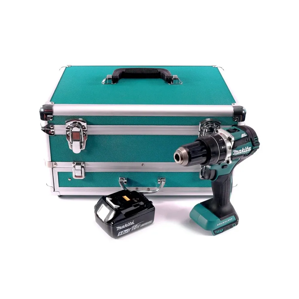 Taladro percutor inalámbrico Makita DHP 484 T1TX 18 V 54 Nm sin escobillas + 1x baterí 5,0 Ah + juego de brocas de 70 piez...