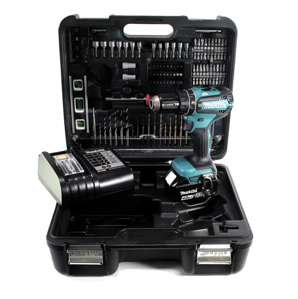 Taladro percutor inalámbrico Makita DHP 485 SMTK 18 V 50 Nm sin escobillas + 1x baterí 4,0 Ah + cargador + set de accesori...
