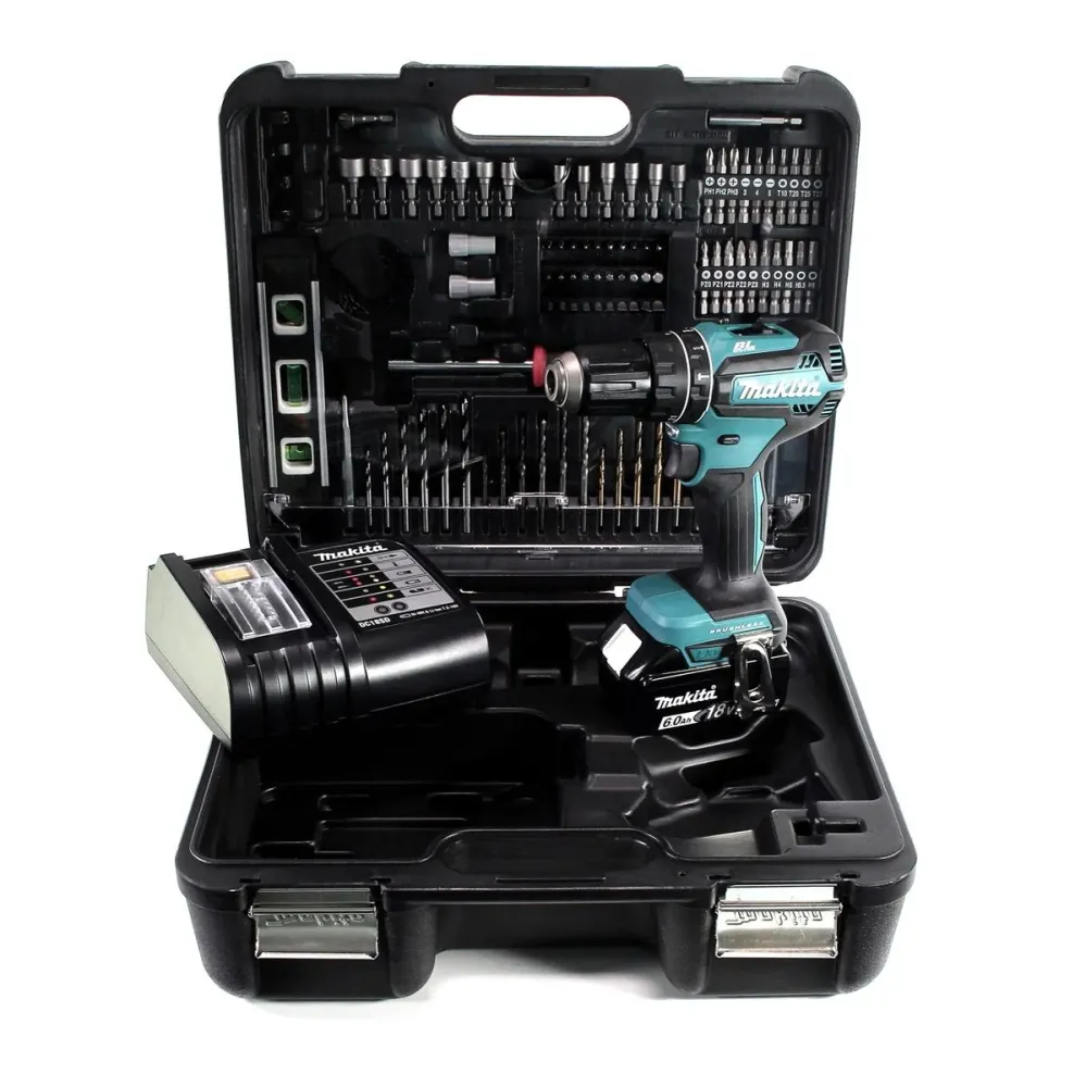 Taladro percutor inalámbrico Makita DHP 485 SGTK 18 V 50 Nm sin escobillas + 1x baterí 6,0 Ah + cargador + set de accesori...
