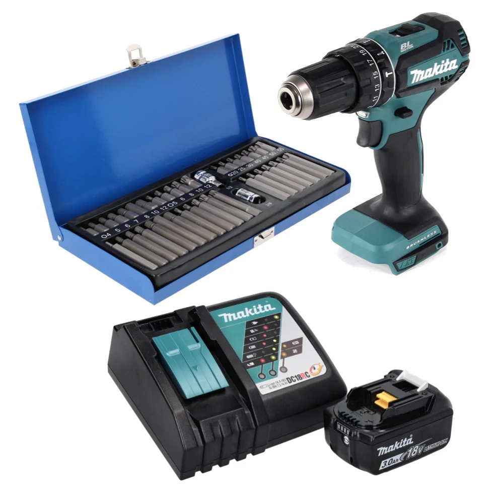 Taladro percutor inalámbrico Makita DHP 485 RF1 18 V 50 Nm sin escobillas + 1x baterí 3,0 Ah + cargador + juego de puntas...