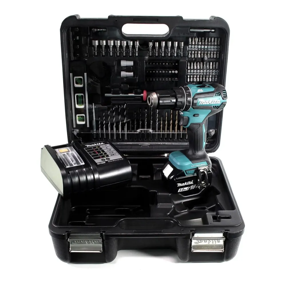 Taladro percutor inalámbrico Makita DHP 485 STTK 18 V 50 Nm sin escobillas + 1x baterí 5,0 Ah + cargador + set de accesori...