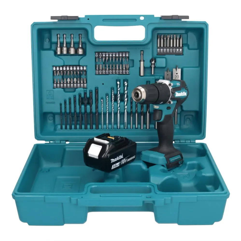Taladro percutor inalámbrico Makita DHP 487 F1X1 18 V 40 Nm sin escobillas + 1x baterí 3,0 Ah + juego de accesorios 74 pie...