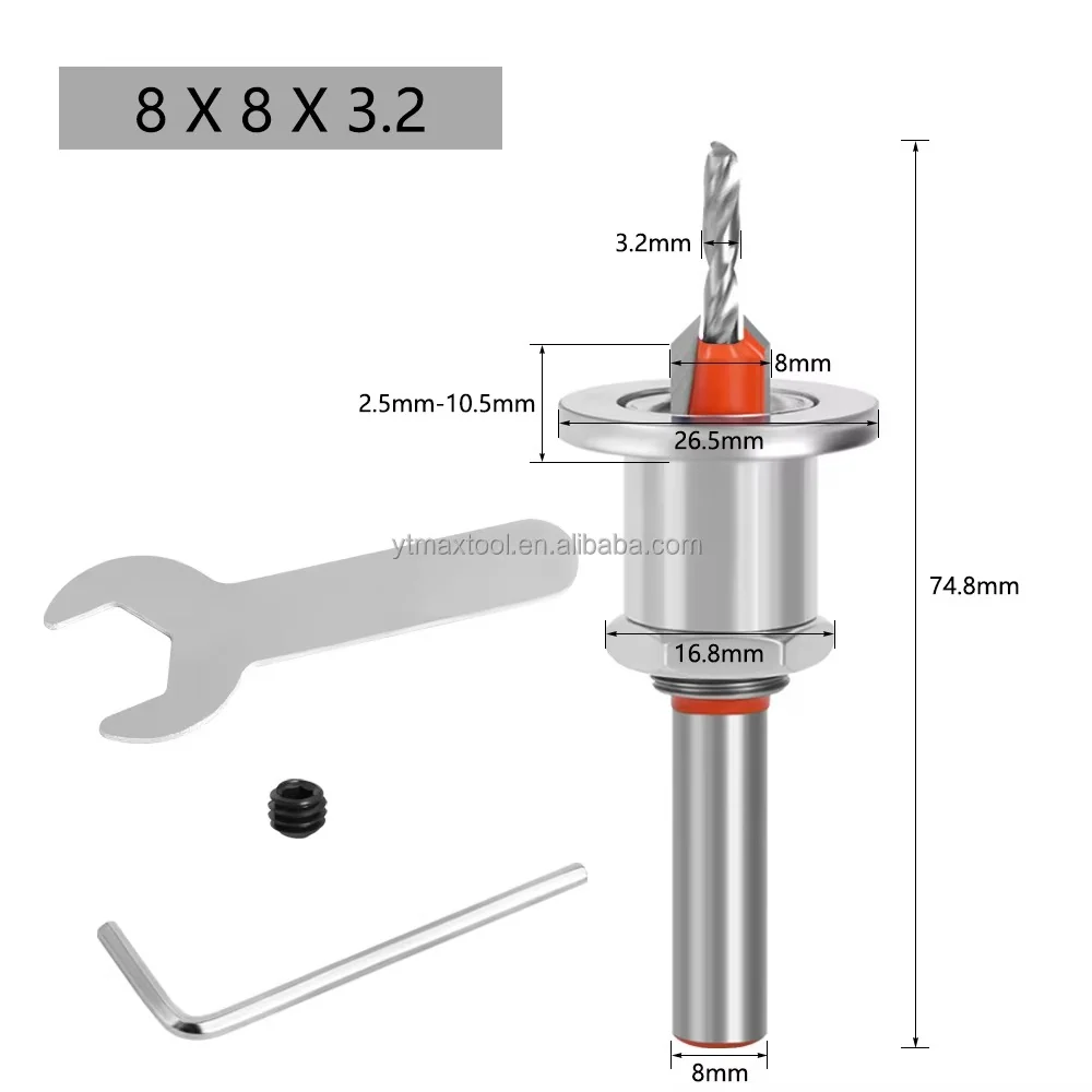 Broca mecha Avellanadora 3.2 mm avellanado de 8mm con tope regulable Maxtools