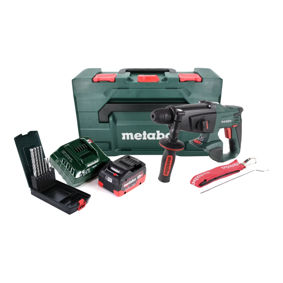 Martillo combinado baterí Metabo KHA 18 LTX 18 V 2,2 J SDS Plus + 1x baterí 5,5 Ah + cargador + juego de brocas para piedr...