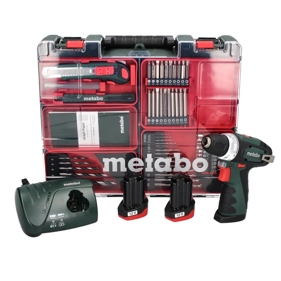 Metabo PowerMaxx BS Basic Set taladro atornillador baterí 10,8 V 34 Nm + 2 baterías 2,0 Ah + cargador + juego de brocas de...
