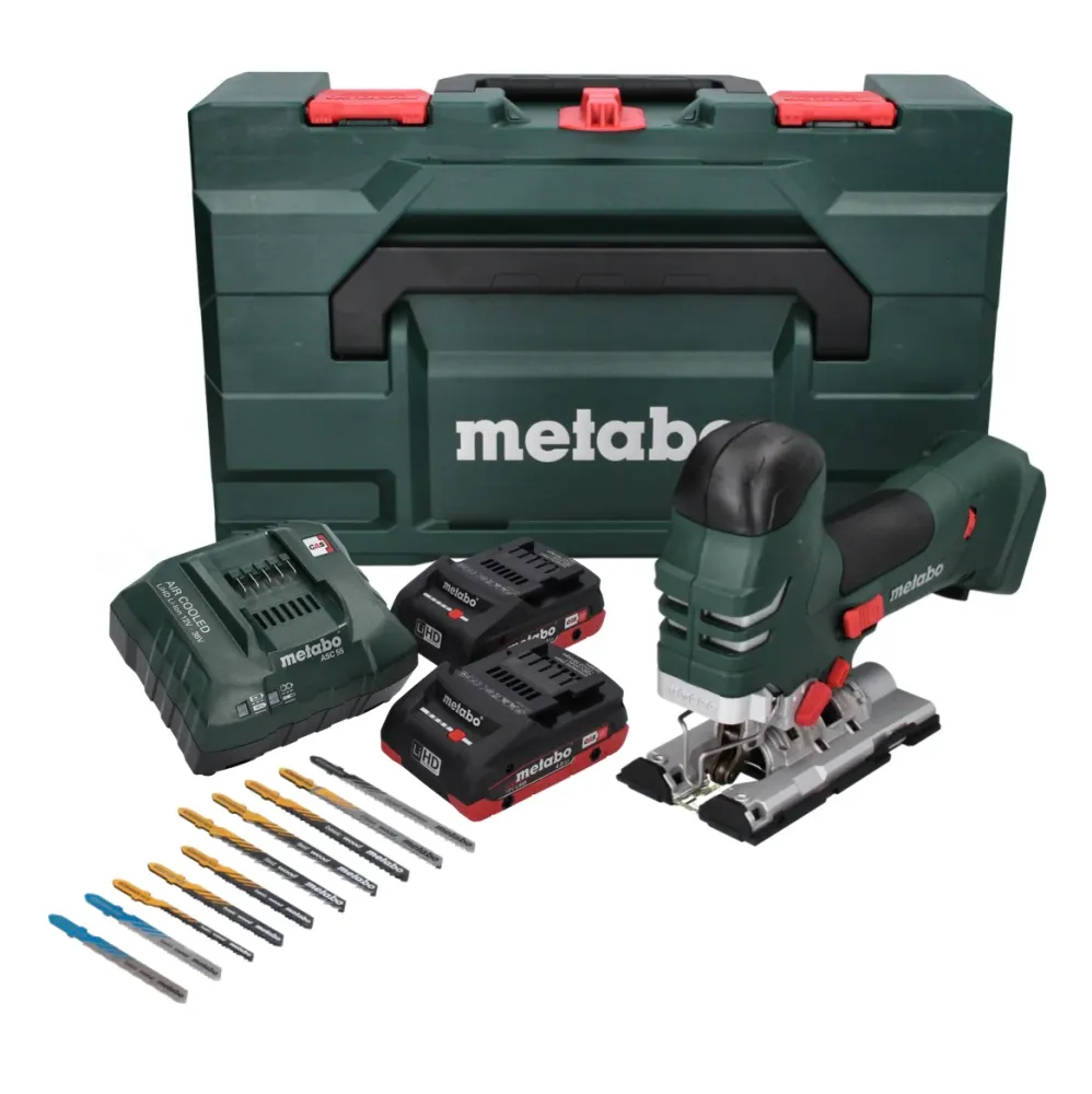 Sierra de calar de baterí Metabo STA 18 LTX 140 18 V + 2x baterías 4,0 Ah + cargador + juego de hojas de sierra de calar d...