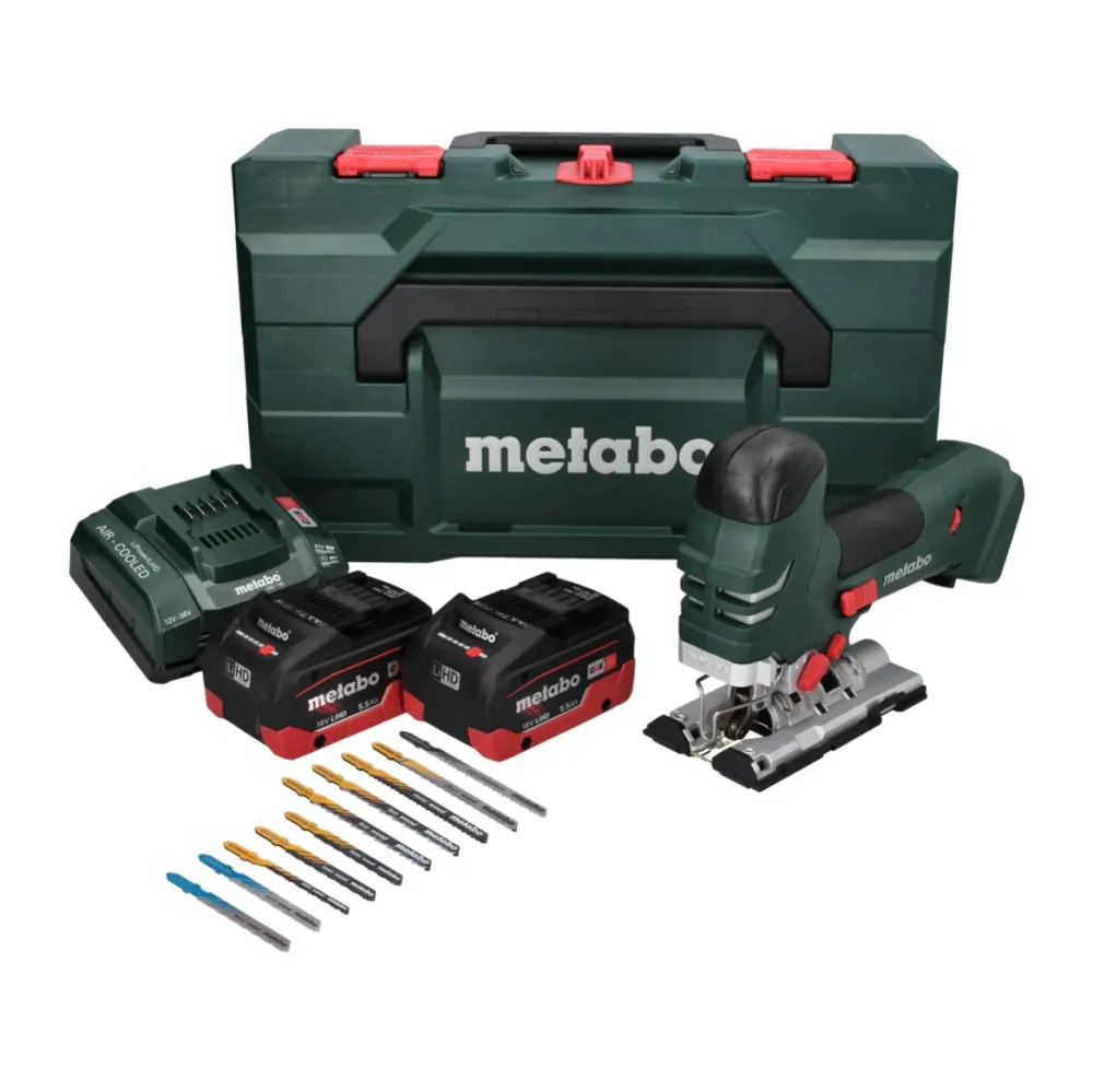 Sierra de calar de baterí Metabo STA 18 LTX 140 18 V + 2x baterías 5,5 Ah + cargador + juego de hojas de sierra de calar d...