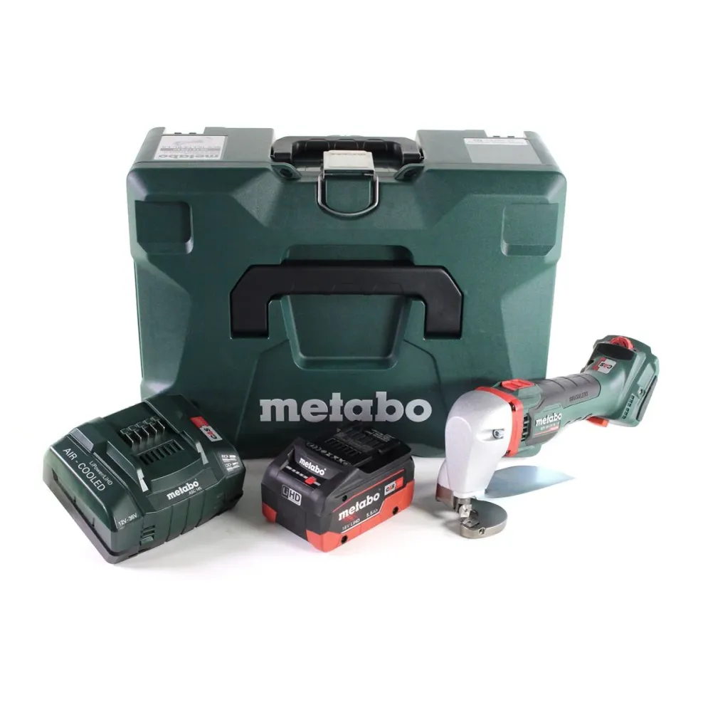 Tijeras de hojalata para baterí Metabo SCV 18 LTX BL 1.6 18 V sin escobillas + 1x baterí LiHD 5,5 Ah + cargador + MetaLoc