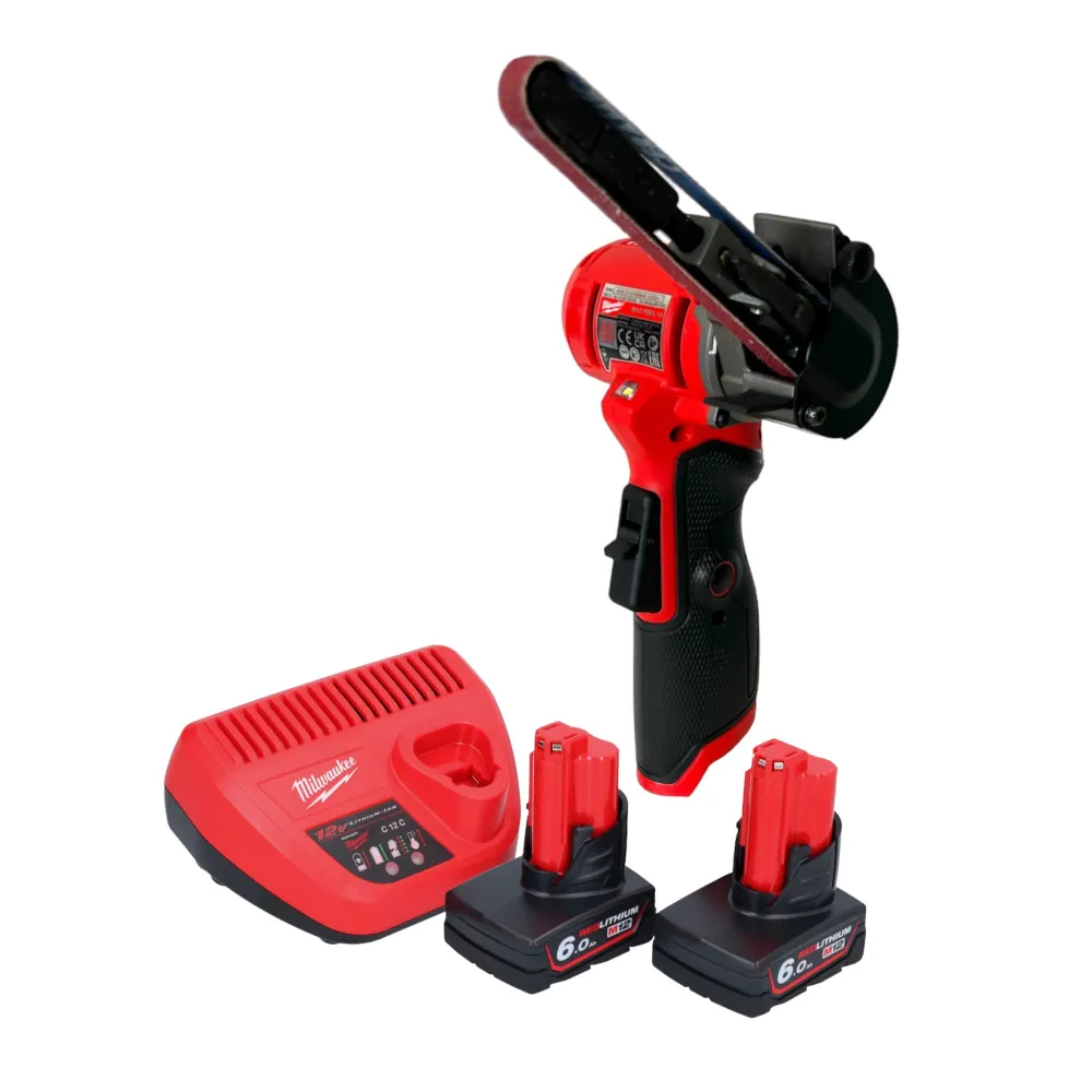 Lima de banda de baterí Milwaukee M12 FBFL10-602 12 V 10 x 330 mm + 2x baterías 6,0 Ah + cargador