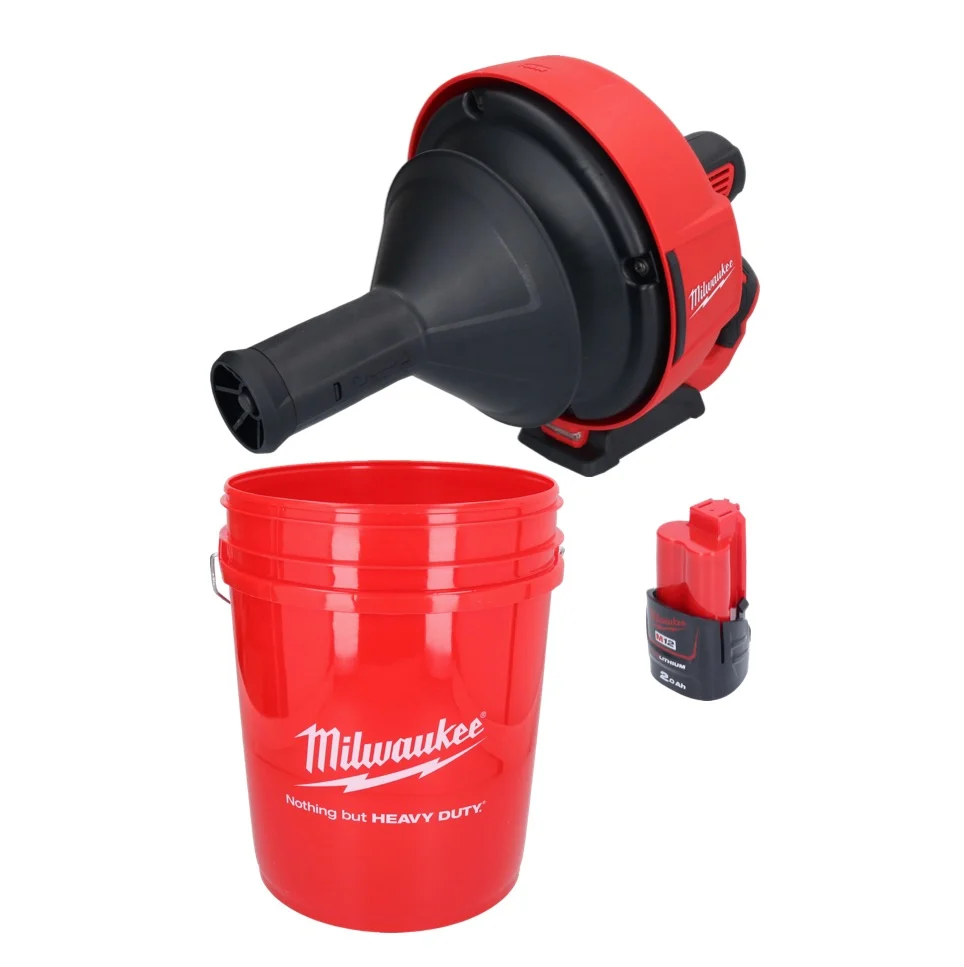 Limpiador de tuberías baterí Milwaukee M12 BDC6-201C 12 V + 1x baterí 2,0 Ah + espiral + cubo - sin cargador