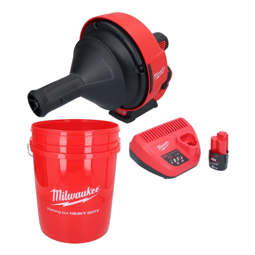 Limpiador de tuberías baterí Milwaukee M12 BDC6-201C 12 V + 1x baterí 2,0 Ah + cargador + espiral + cubo