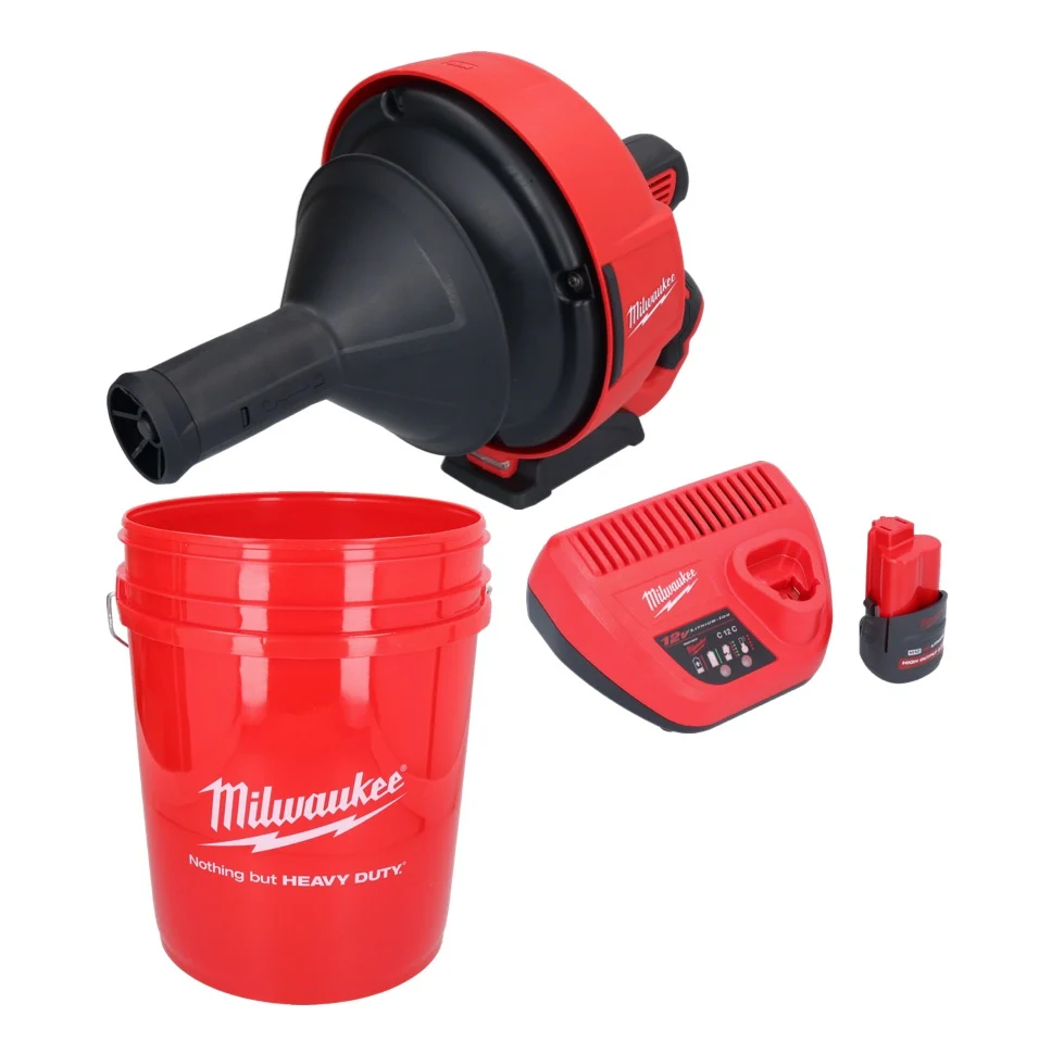 Limpiador de tuberías baterí Milwaukee M12 BDC6-251C 12 V + 1x baterí 2,5 Ah + cargador + espiral + cubo