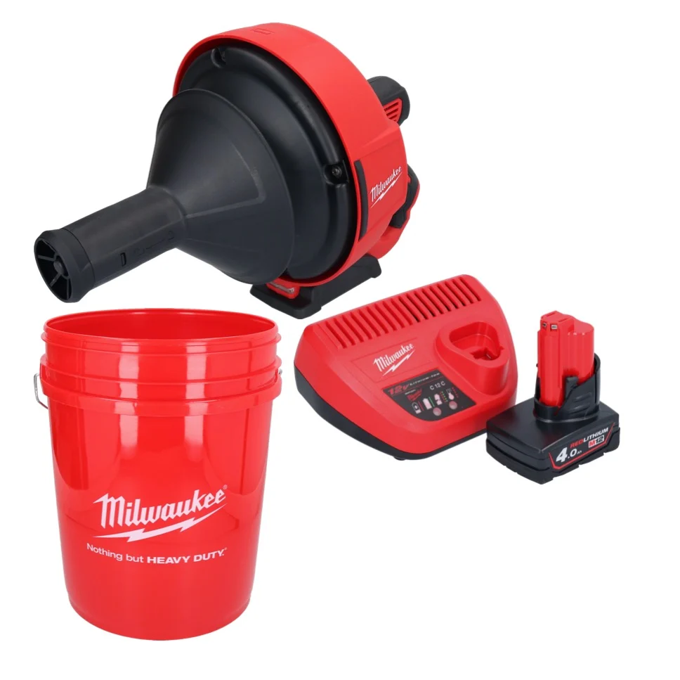 Limpiador de tuberías baterí Milwaukee M12 BDC6-401C 12 V + 1x baterí 4,0 Ah + cargador + espiral + cubo