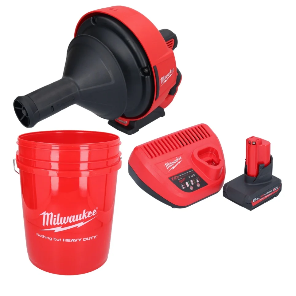 Limpiador de tuberías baterí Milwaukee M12 BDC6-501C 12 V + 1x baterí 5,0 Ah + cargador + espiral + cubo