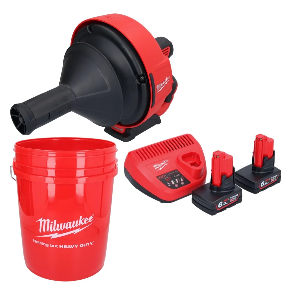 Limpiador de tuberías baterí Milwaukee M12 BDC6-602C 12 V + 2x baterías 6,0 Ah + cargador + espiral + cubo